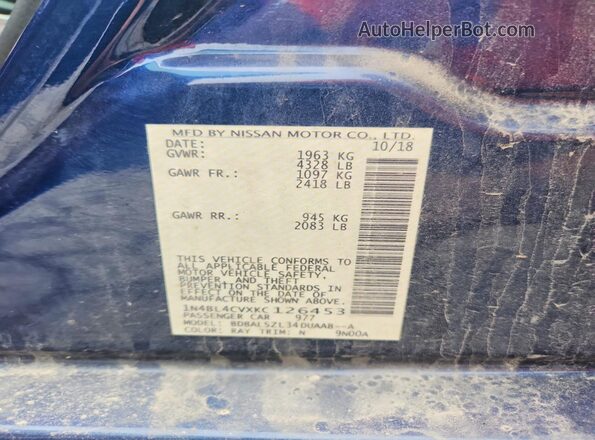 1N4BL4CVXKC126453 2019 NISSAN ALTIMA Blue VIN sticker view