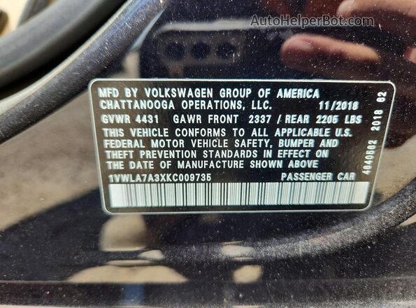 1VWLA7A3XKC009735 2019 VOLKSWAGEN PASSAT Black Вид наклейки з VIN-кодом