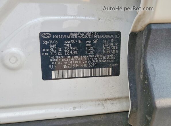 5NMZU3LB6HH015219 2017 HYUNDAI SANTA White Սալոնի 360 աստիճան տեսք