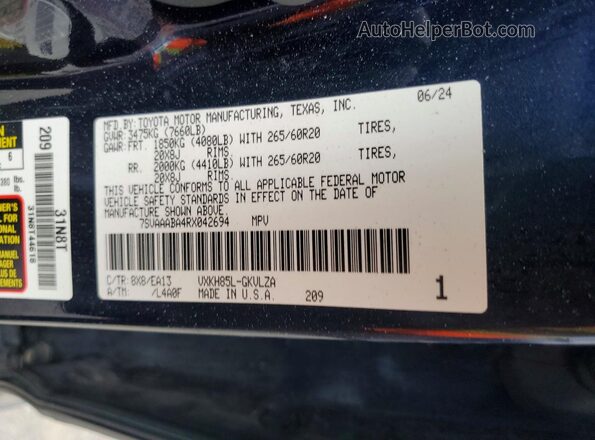7SVAAABA4RX042694 2024 TOYOTA SEQUOIA Синий Панорамный вид салона 360°