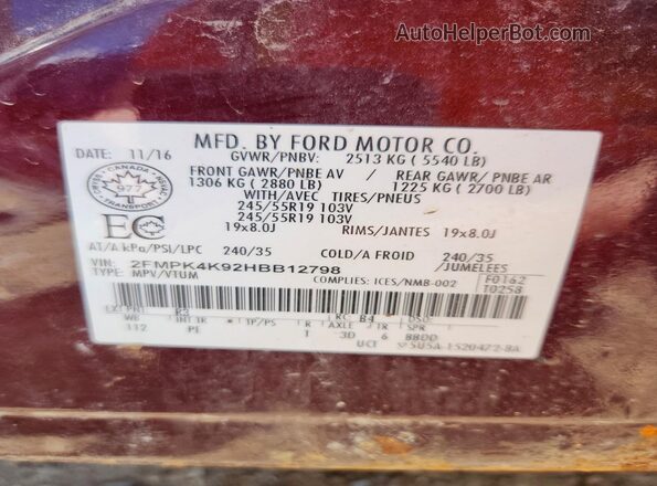 2FMPK4K92HBB12798 2017 FORD EDGE Burgundy Widok wnętrza 360 stopni