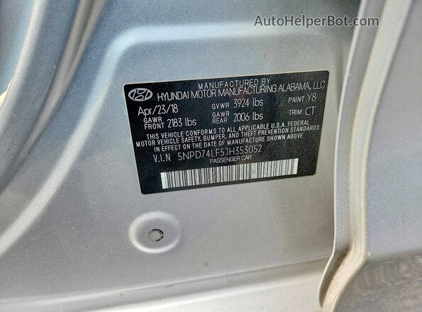 5NPD74LF5JH353052 2018 HYUNDAI ELANTRA Silver Widok naklejki z numerem VIN