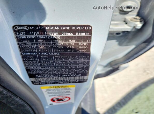 SALVD2BG1GH106848 2016 LAND ROVER RANGE White Vista de la etiqueta del VIN