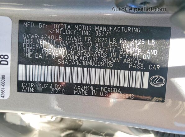 58ADA1C18MU009105 2021 LEXUS ES Silver Vista de la etiqueta del VIN