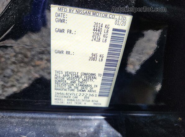1N4AL4CV7LC222361 2020 NISSAN ALTIMA Black VIN კოდის სტიკერის ხედი