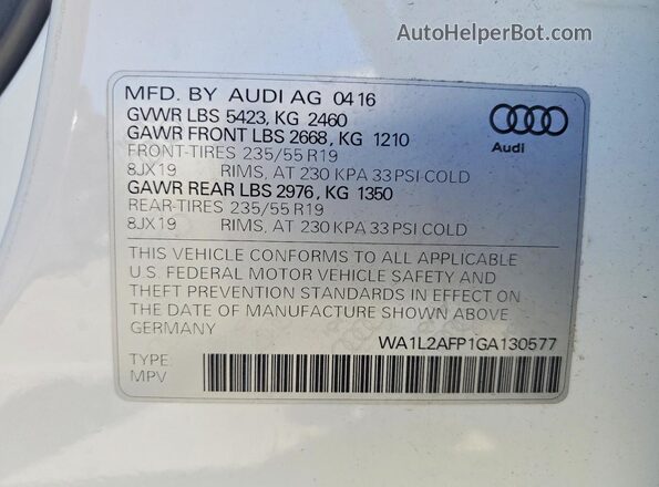 WA1L2AFP1GA130577 2016 AUDI Q5 White Vista interior de 360 grados