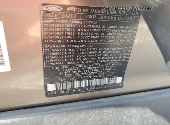 SALGS2FV9HA350362 2017 LAND ROVER RANGE Gray Vista de la etiqueta del VIN