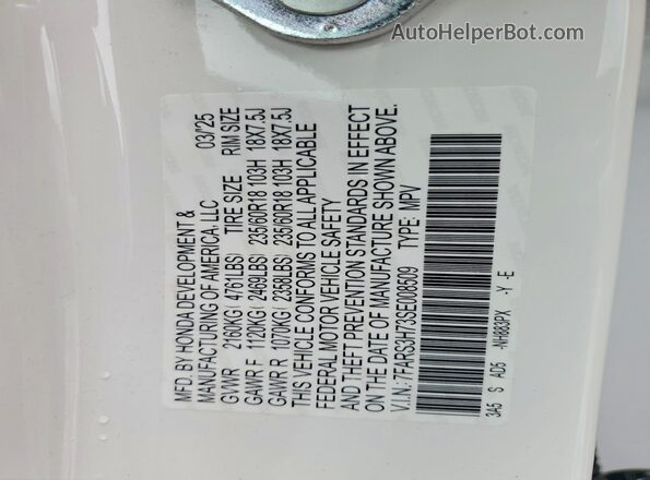 7FARS3H73SE008509 2025 HONDA CR-V White VIN კოდის სტიკერის ხედი