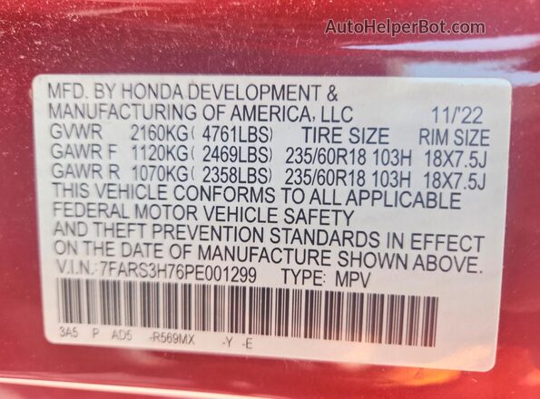 7FARS3H76PE001299 2023 HONDA CR-V Red Widok wnętrza 360 stopni
