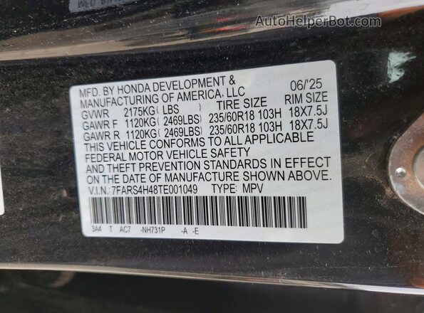 7FARS4H48TE001049 2026 HONDA CR-V Black Вид наклейки з VIN-кодом