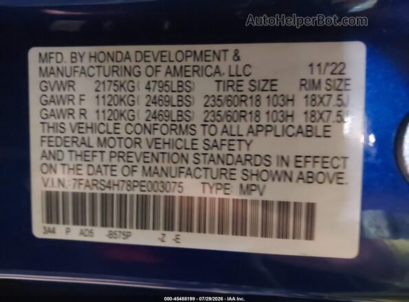 7FARS4H78PE003075 2023 HONDA CR-V Blue ძრავის განყოფილების ხედი