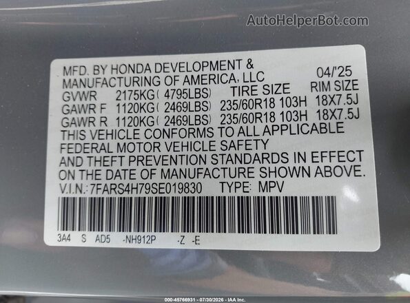 7FARS4H79SE019830 2025 HONDA CR-V Gray Widok komory silnika
