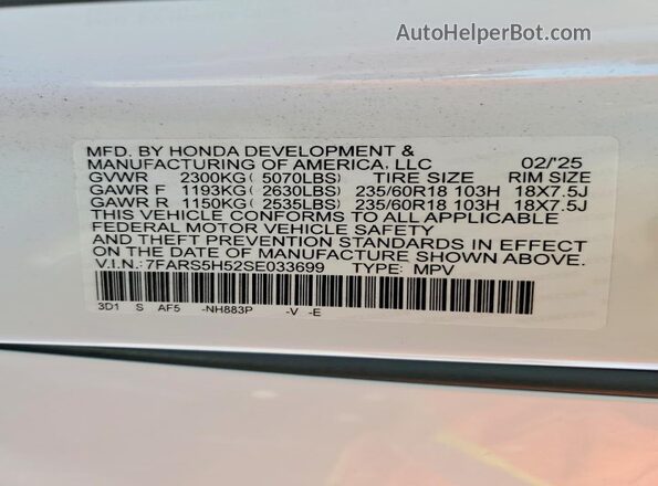 7FARS5H52SE033699 2025 HONDA CR-V White VIN კოდის სტიკერის ხედი