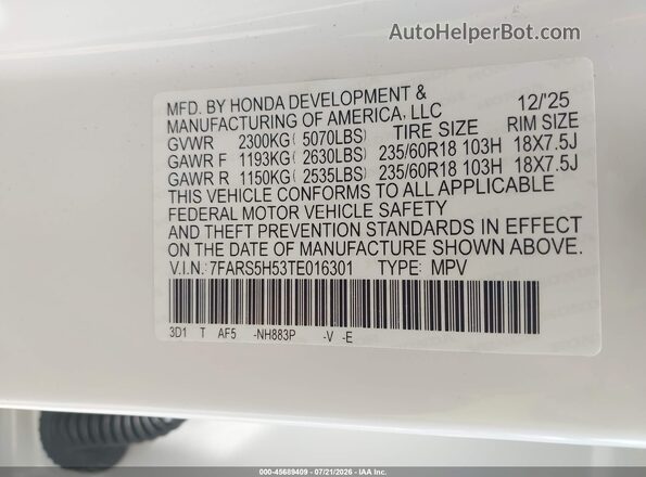 7FARS5H53TE016301 2026 HONDA CR-V White ძრავის განყოფილების ხედი