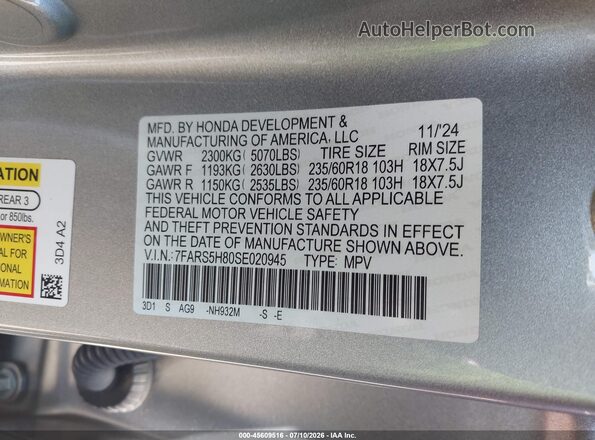 7FARS5H80SE020945 2025 HONDA CR-V Gray Vista del compartimento del motor