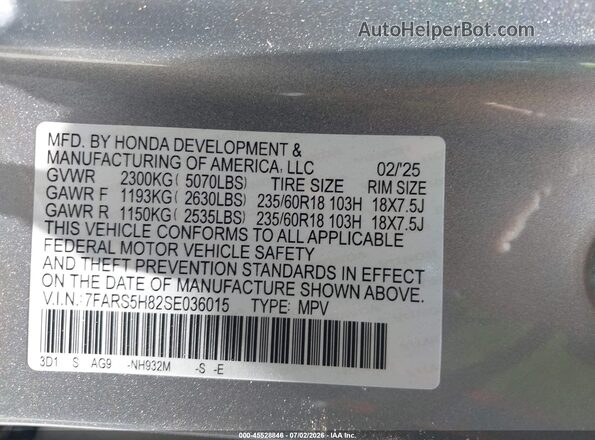 7FARS5H82SE036015 2025 HONDA CR-V Silver Вид підкапотного простору