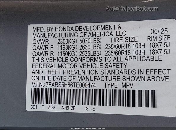 7FARS5H86TE000474 2026 HONDA CR-V Gray Շարժիչի բաժամունքի տեսք