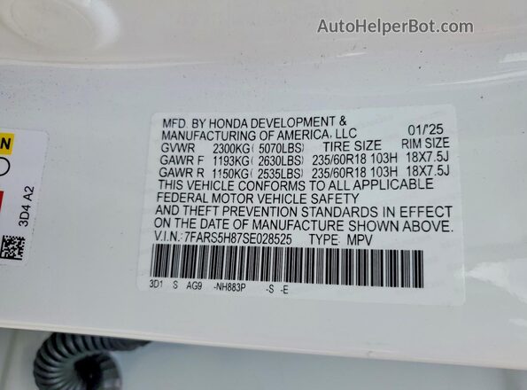 7FARS5H87SE028525 2025 HONDA CR-V White Vista de la etiqueta del VIN