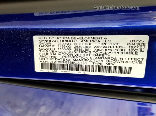 7FARS5H88SE029778 2025 HONDA CR-V Blue Vista de la etiqueta del VIN