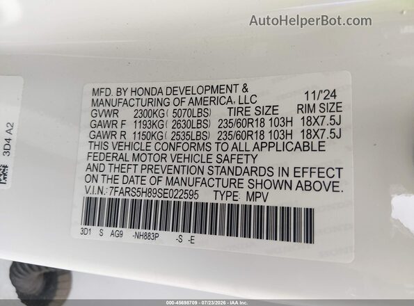 7FARS5H89SE022595 2025 HONDA CR-V White Engine compartment view