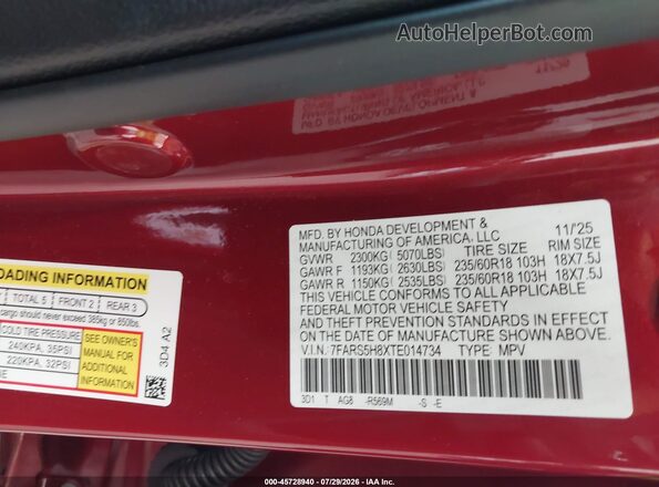 7FARS5H8XTE014734 2026 HONDA CR-V Red Vista del compartimento del motor