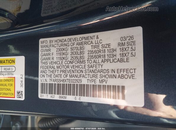 7FARS5H8XTE022929 2026 HONDA CR-V Blue Engine compartment view