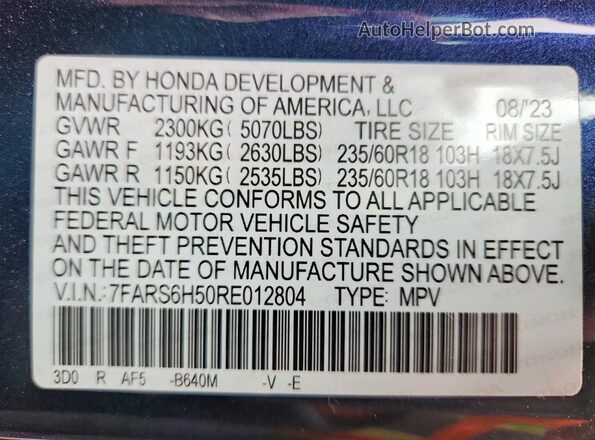 7FARS6H50RE012804 2024 HONDA CR-V Синий Вид наклейки с VIN-кодом