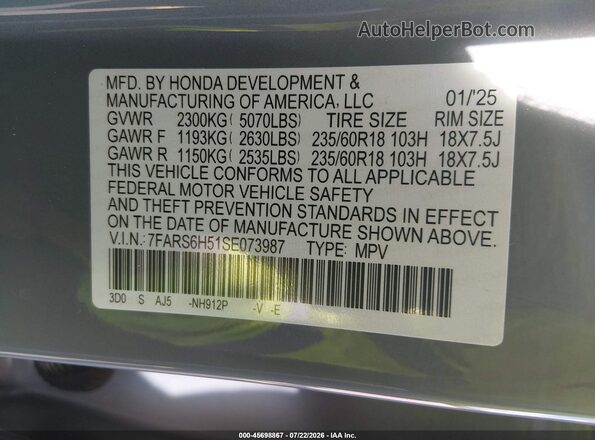 7FARS6H51SE073987 2025 HONDA CR-V Gray Շարժիչի բաժամունքի տեսք