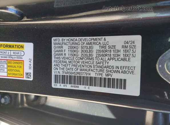 7FARS6H52RE077914 2024 HONDA CR-V Gray VIN կոդի պիտակի տեսք