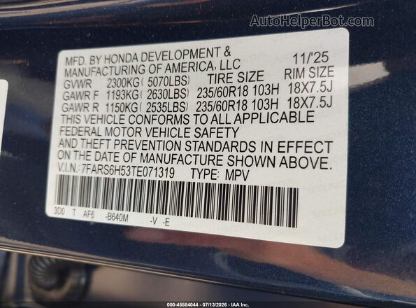 7FARS6H53TE071319 2026 HONDA CR-V Blue Շարժիչի բաժամունքի տեսք