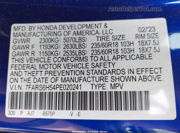 7FARS6H54PE020241 2023 HONDA CR-V Blue Vista del compartimento del motor
