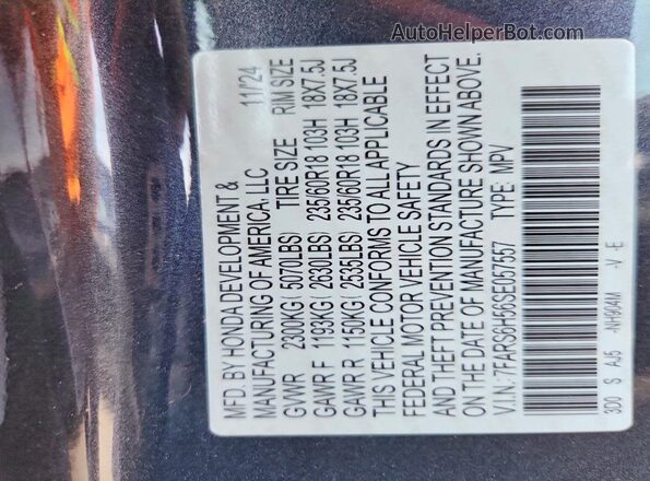 7FARS6H56SE057557 2025 HONDA CR-V Gray Вид наклейки з VIN-кодом