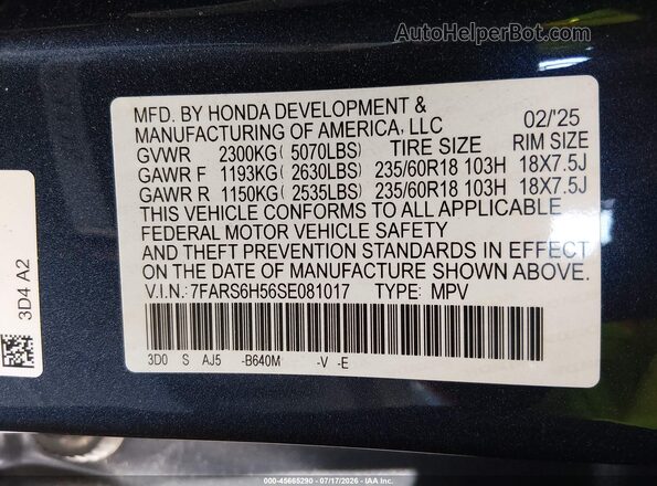 7FARS6H56SE081017 2025 HONDA CR-V Blue Widok komory silnika