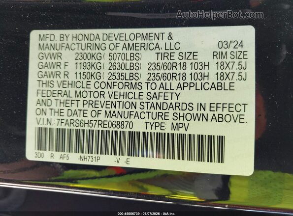 7FARS6H57RE068870 2024 HONDA CR-V Black Շարժիչի բաժամունքի տեսք