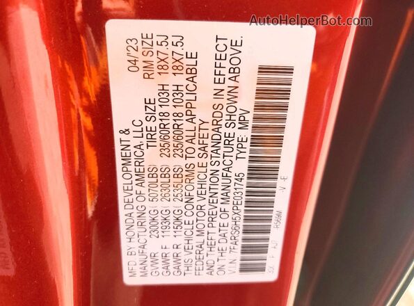 7FARS6H5XPE031745 2023 HONDA CR-V Red VIN კოდის სტიკერის ხედი