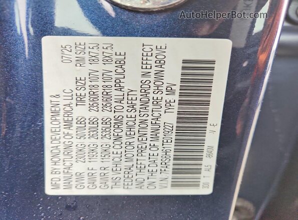 7FARS6H61TE019227 2026 HONDA CR-V Blue VIN կոդի պիտակի տեսք