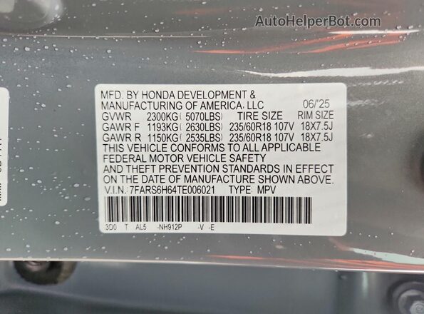 7FARS6H64TE006021 2026 HONDA CR-V Gray VIN կոդի պիտակի տեսք
