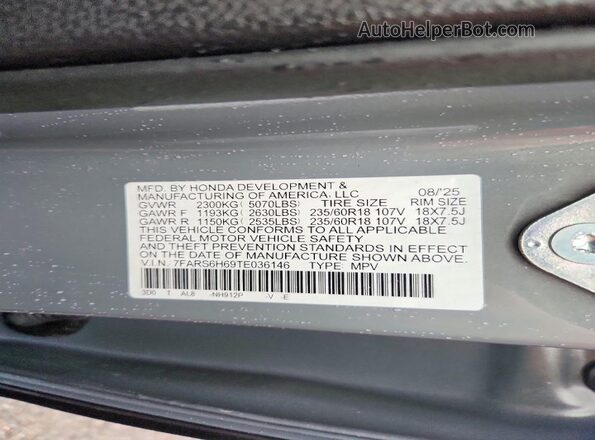 7FARS6H69TE036146 2026 HONDA CR-V Gray Widok naklejki z numerem VIN
