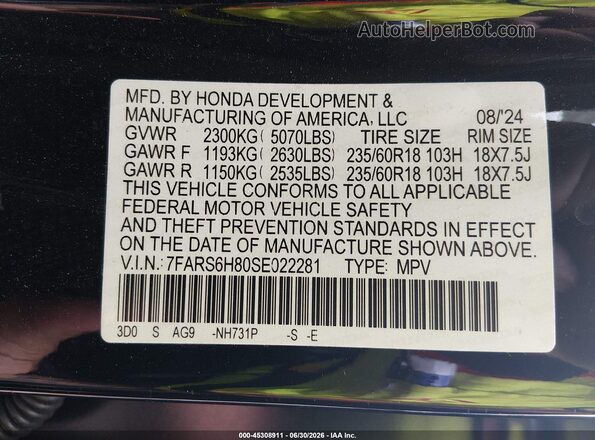 7FARS6H80SE022281 2025 HONDA CR-V Черный Вид подкапотного пространства