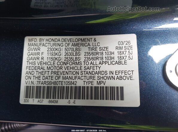7FARS6H80TE105842 2026 HONDA CR-V Blue Շարժիչի բաժամունքի տեսք