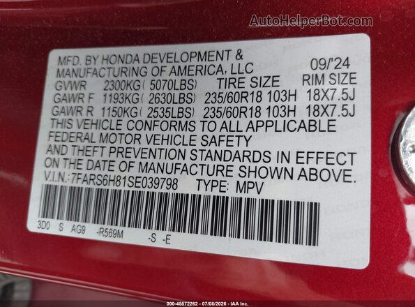 7FARS6H81SE039798 2025 HONDA CR-V Red Շարժիչի բաժամունքի տեսք