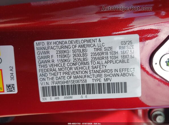 7FARS6H81SE087558 2025 HONDA CR-V Red Շարժիչի բաժամունքի տեսք
