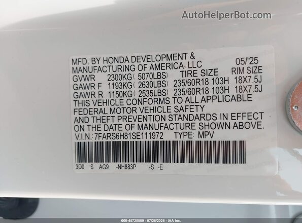 7FARS6H81SE111972 2025 HONDA CR-V White ძრავის განყოფილების ხედი