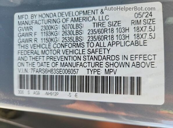 7FARS6H83SE006057 2025 HONDA CR-V Gray VIN sticker view