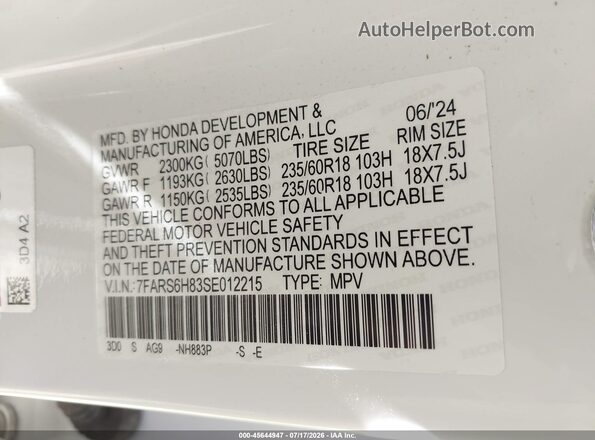 7FARS6H83SE012215 2025 HONDA CR-V White ძრავის განყოფილების ხედი