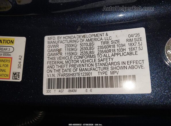 7FARS6H83TE123901 2026 HONDA CR-V Blue Engine compartment view