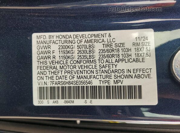 7FARS6H84SE056546 2025 HONDA CR-V Blue VIN sticker view