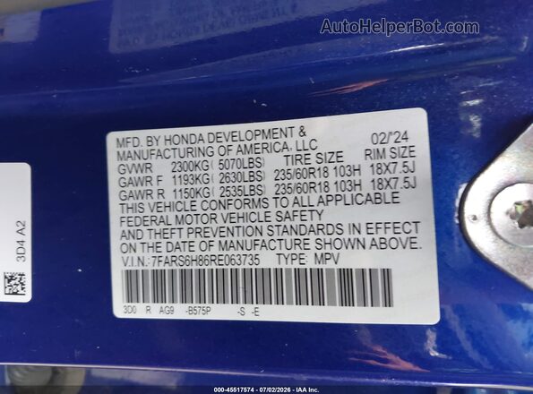 7FARS6H86RE063735 2024 HONDA CR-V Blue Շարժիչի բաժամունքի տեսք