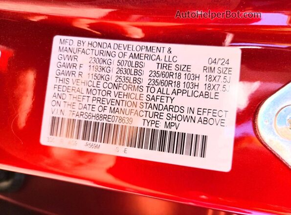 7FARS6H88RE078639 2024 HONDA CR-V Red VIN კოდის სტიკერის ხედი