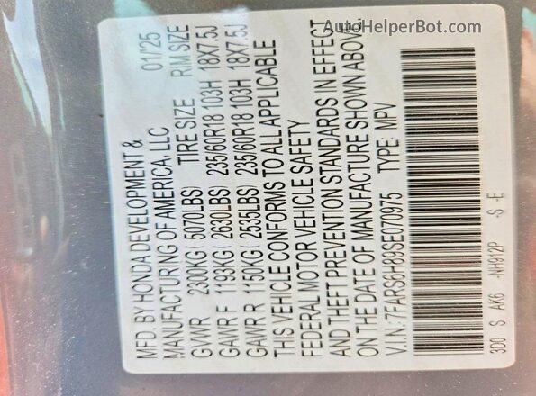 7FARS6H89SE070975 2025 HONDA CR-V Blue VIN sticker view